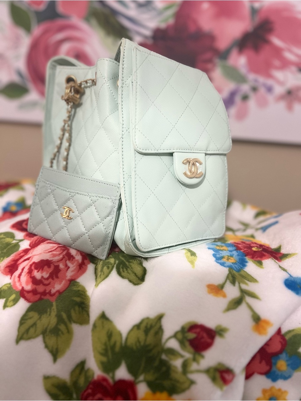 Quilted inspo Mint Green Mini Backpack with Gold Hardware